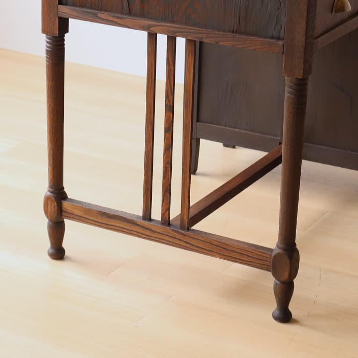 アンティーク ナラ材 ロクロ脚 片袖机 レトロ 真鍮金具 デスク 古家具