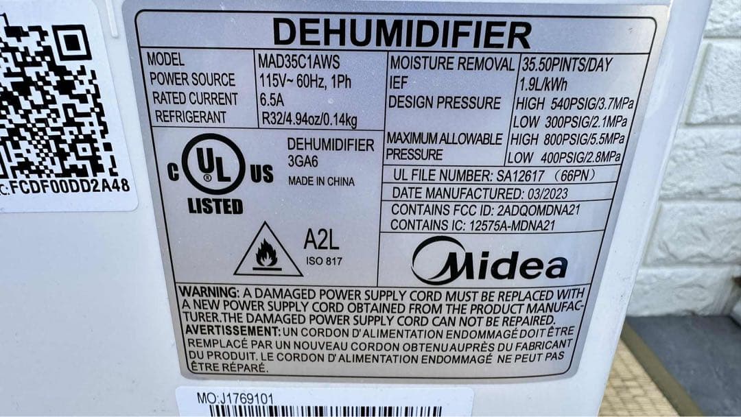 【限定セール】Midea MAD35C1AWS16.6L強力除湿自動停止機能付き