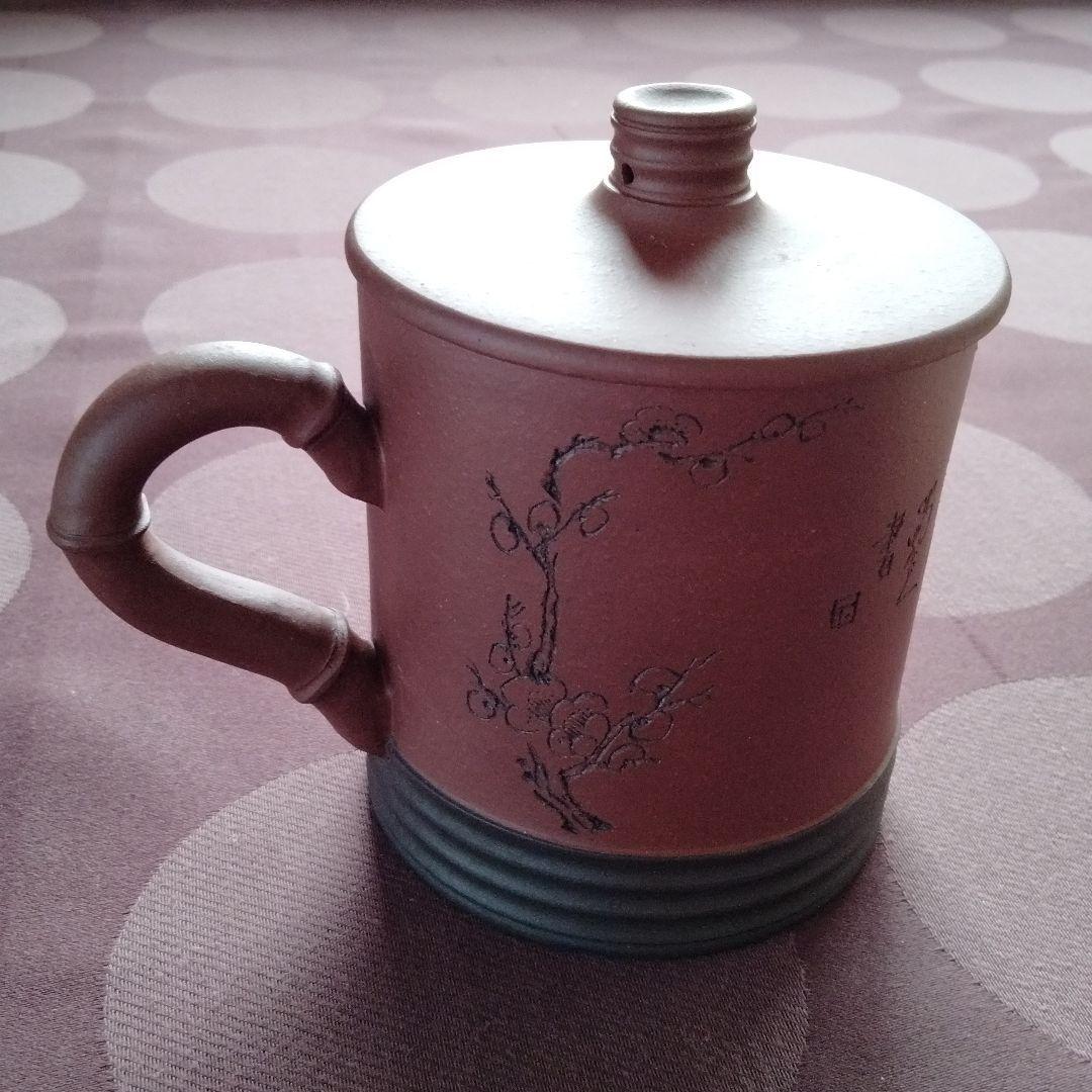 中国骨董　茶道具中国宜興紫砂名品超人気大師女流作家周玉珍02年製精刻梅図漢詩在銘