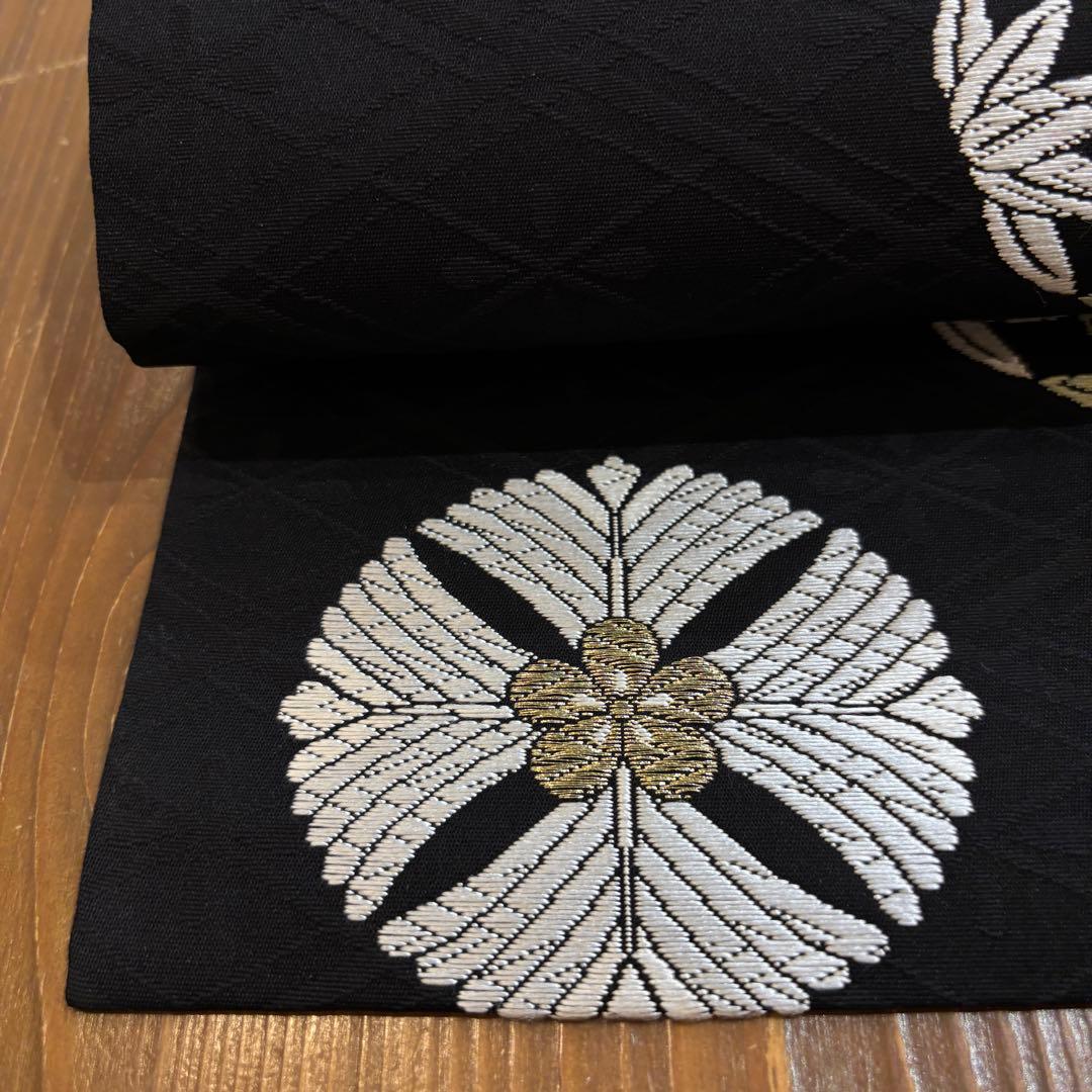 【美品】名古屋帯　九寸名古屋帯　黒地に丸紋　松竹梅　　カジュアル着物　o1580