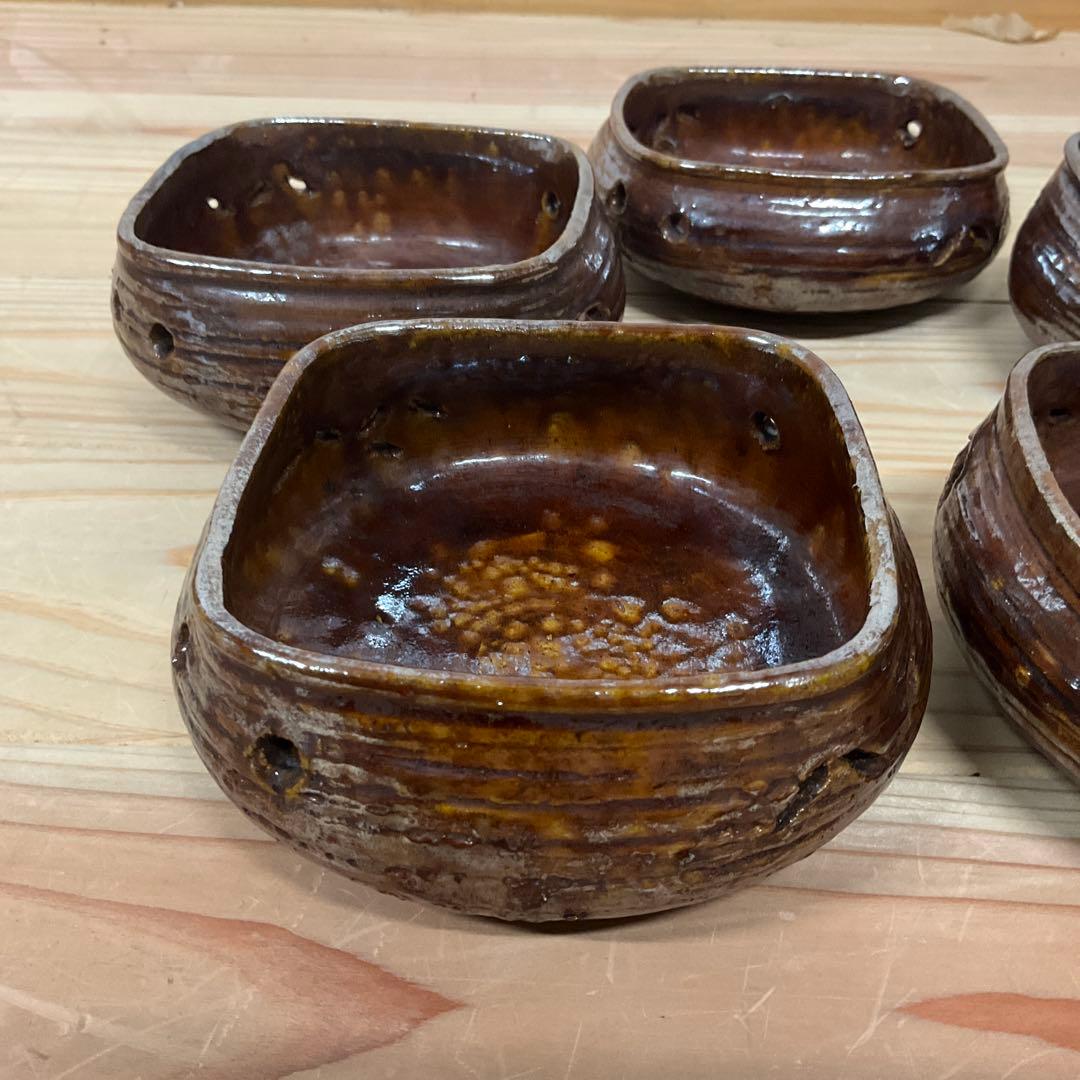 6代大樋長左衛　飴釉四方七宝透かし向付　5客揃え