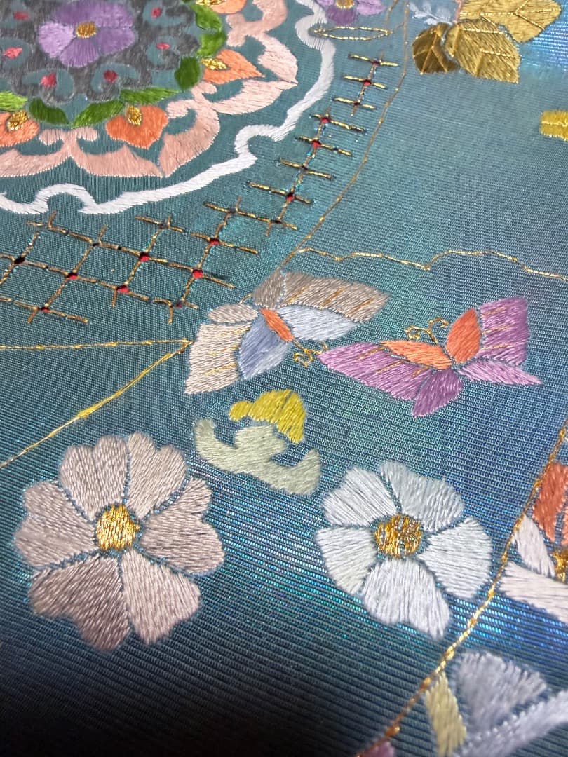 高級 袋帯 正絹 六通柄 汕頭刺繍 蘇州刺繍 メタリックブルー カラー芯