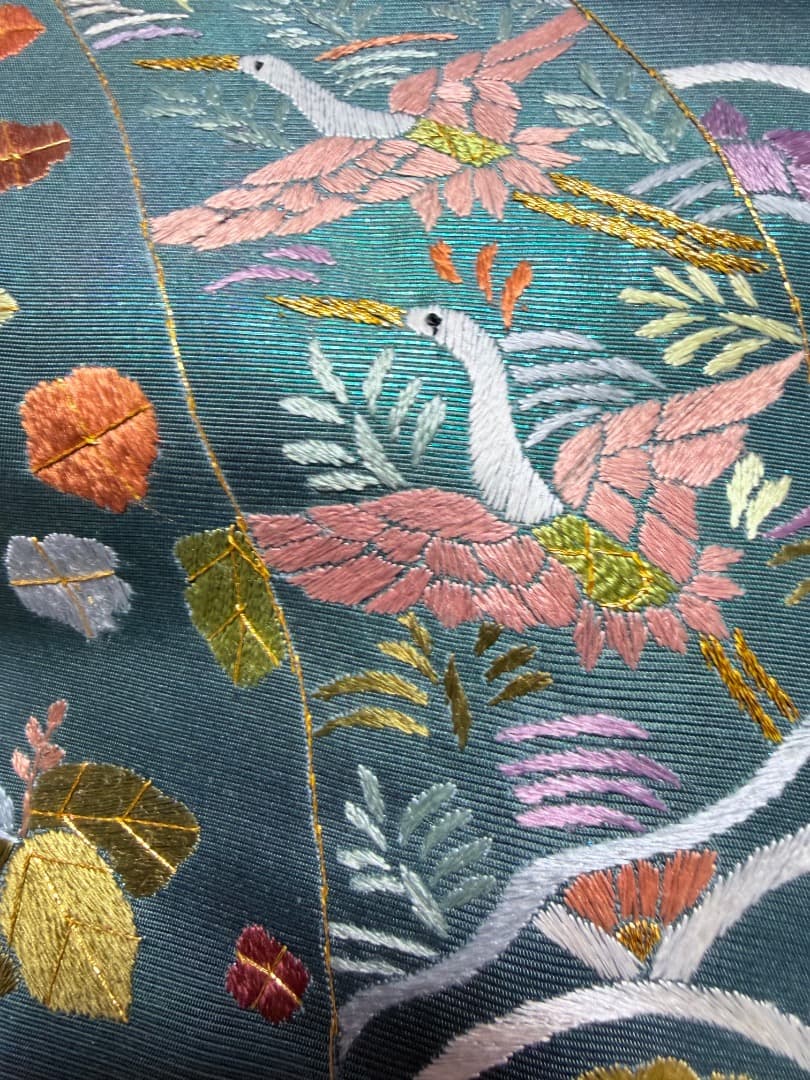 高級 袋帯 正絹 六通柄 汕頭刺繍 蘇州刺繍 メタリックブルー カラー芯