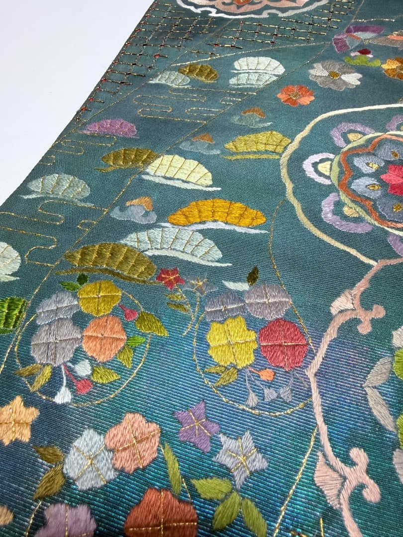 高級 袋帯 正絹 六通柄 汕頭刺繍 蘇州刺繍 メタリックブルー カラー芯