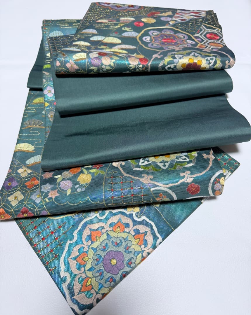 高級 袋帯 正絹 六通柄 汕頭刺繍 蘇州刺繍 メタリックブルー カラー芯