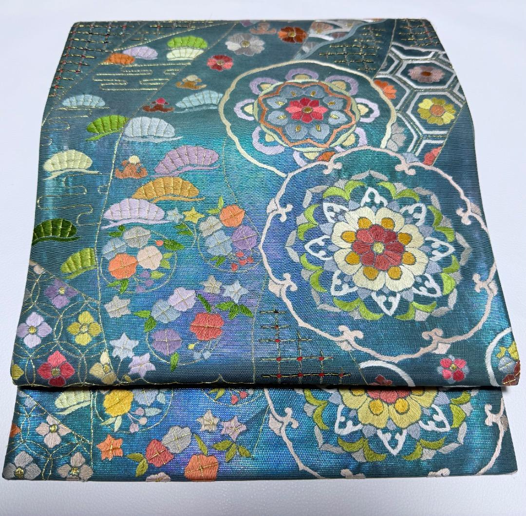 高級 袋帯 正絹 六通柄 汕頭刺繍 蘇州刺繍 メタリックブルー カラー芯