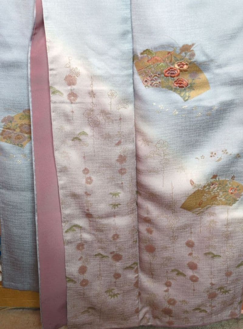 正絹　訪問着セット 薄青色　薄紫　ピンク 手刺繍　桔梗　 花柄 重ね衿付　帯付き