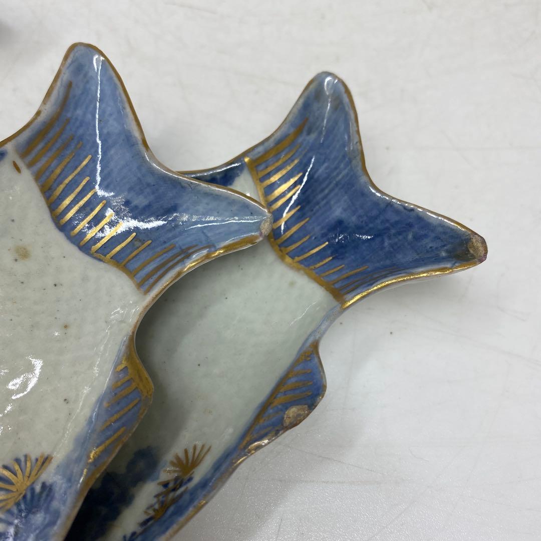 江戸中期　藍九谷　鯛の図皿　5客　トヒル　木箱付　東さ7-0809☆2F