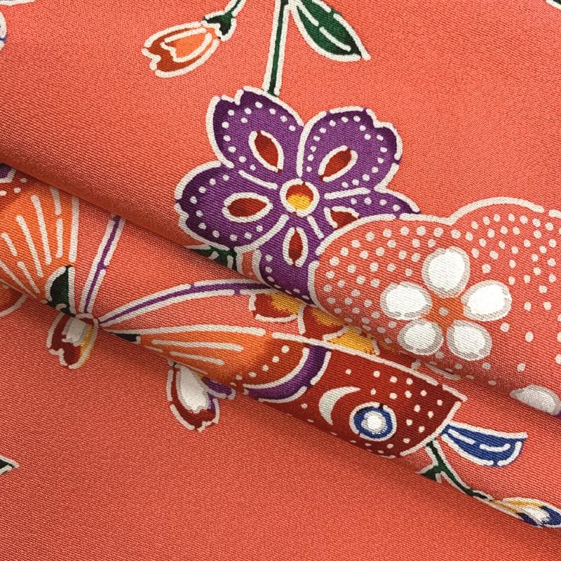 504ag65□七五三 七歳 女児 着物&袋帯 紅型風 型染 ピンク□美品