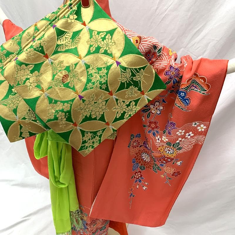 504ag65□七五三 七歳 女児 着物&袋帯 紅型風 型染 ピンク□美品