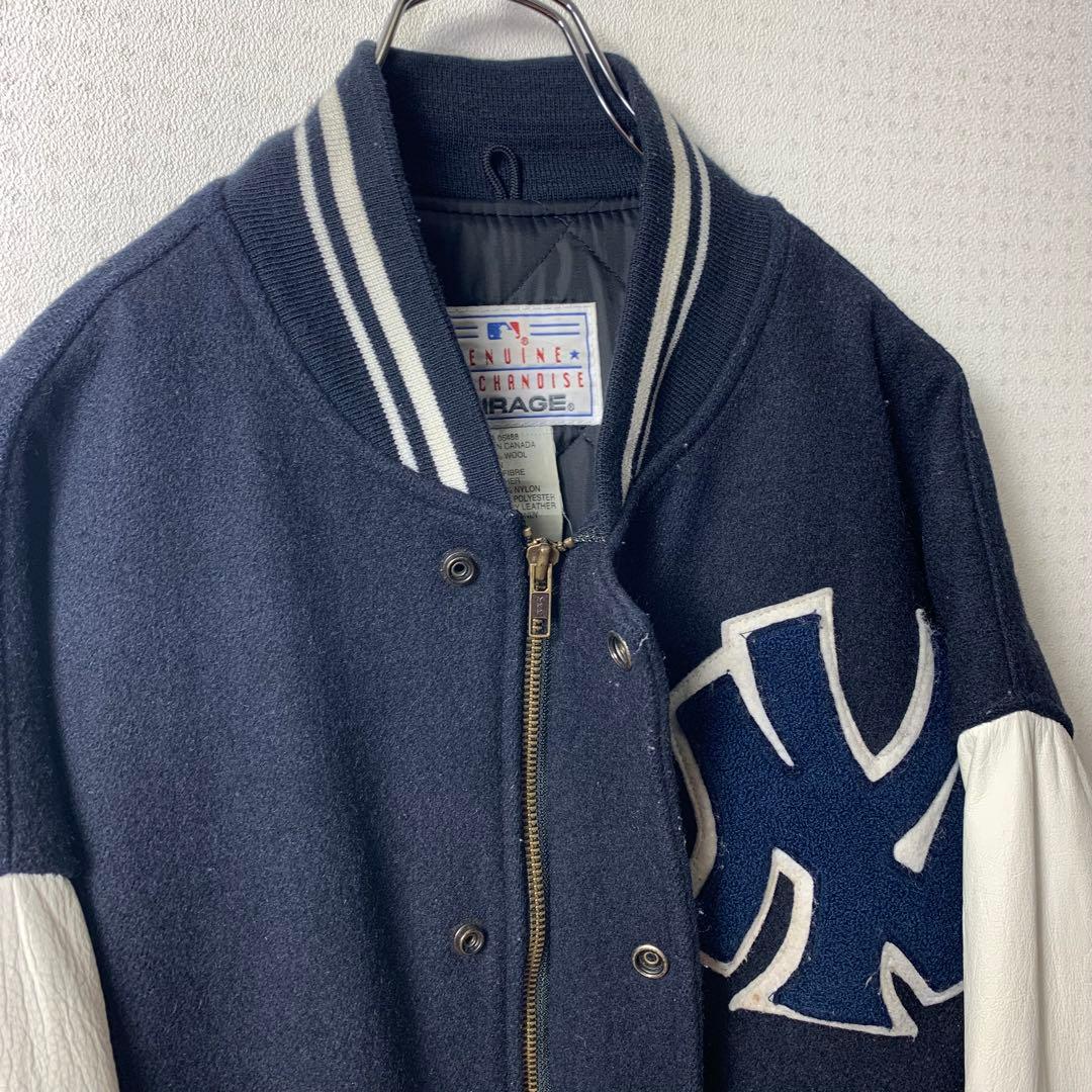 90s mirage ヤンキース スタジャン 袖レザー メルトン カナダ製 紺白