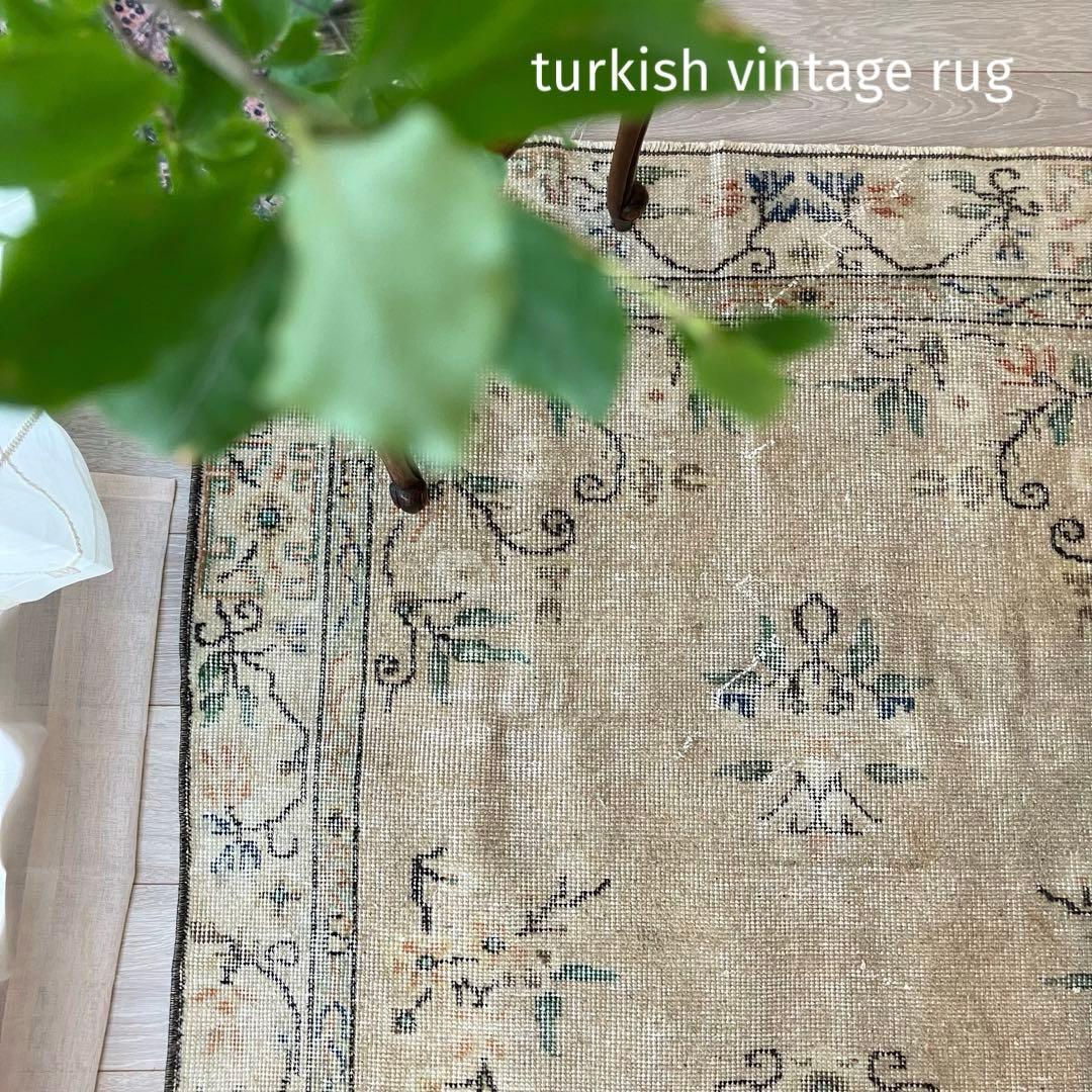 シノワズリ✳︎109×200ロイヤルミルクティー　グリーン　トルコヴィンテージラグ