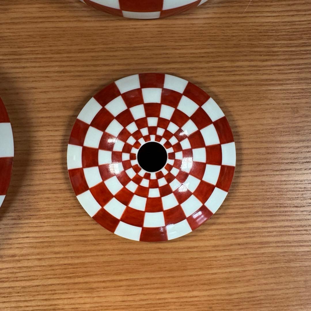 有田焼 李荘窯：赤絵市松文（混柄） 珠型三段重☆