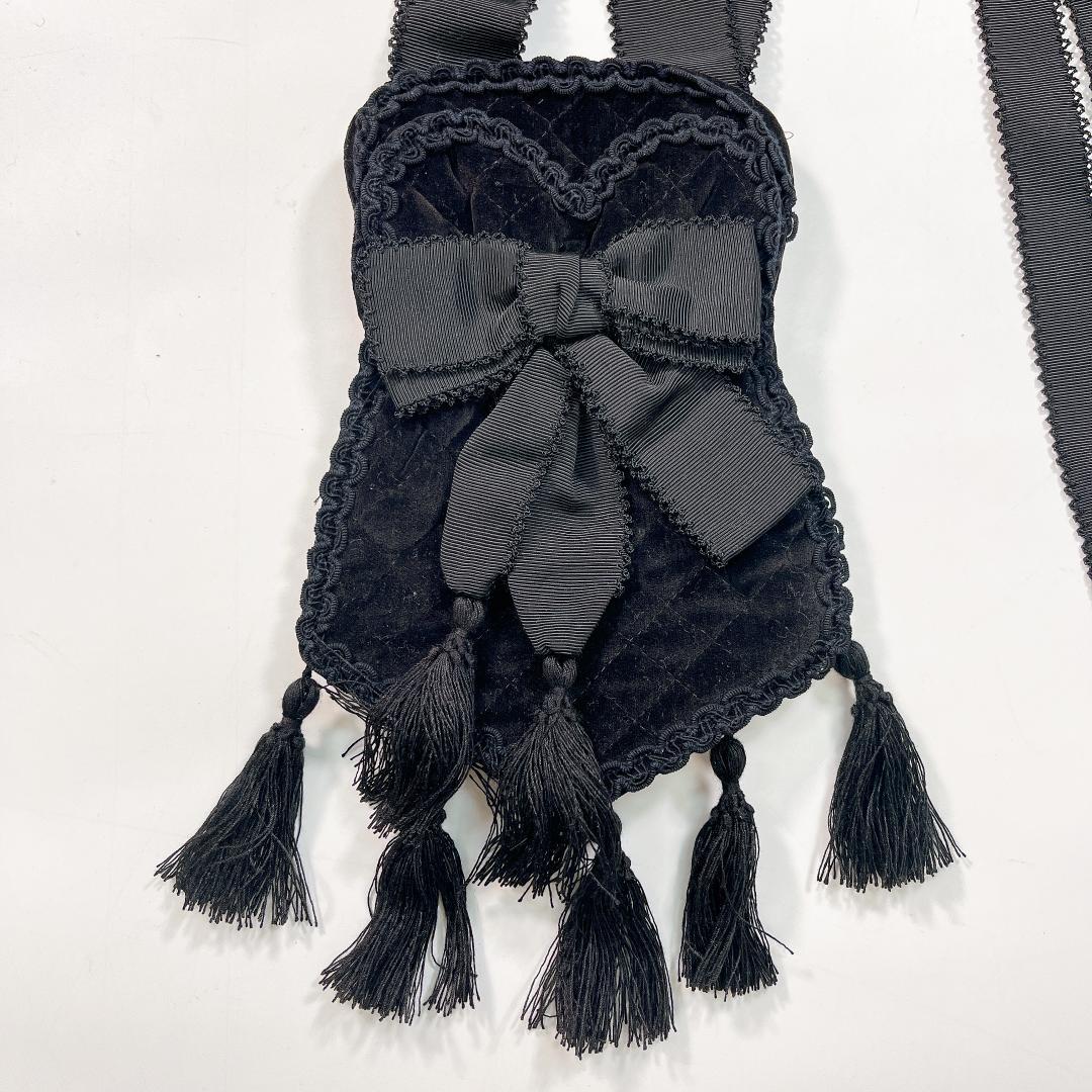 美品 KANEKO ISAO ひょうたん ポシェット ベロア 黒 リボン レース