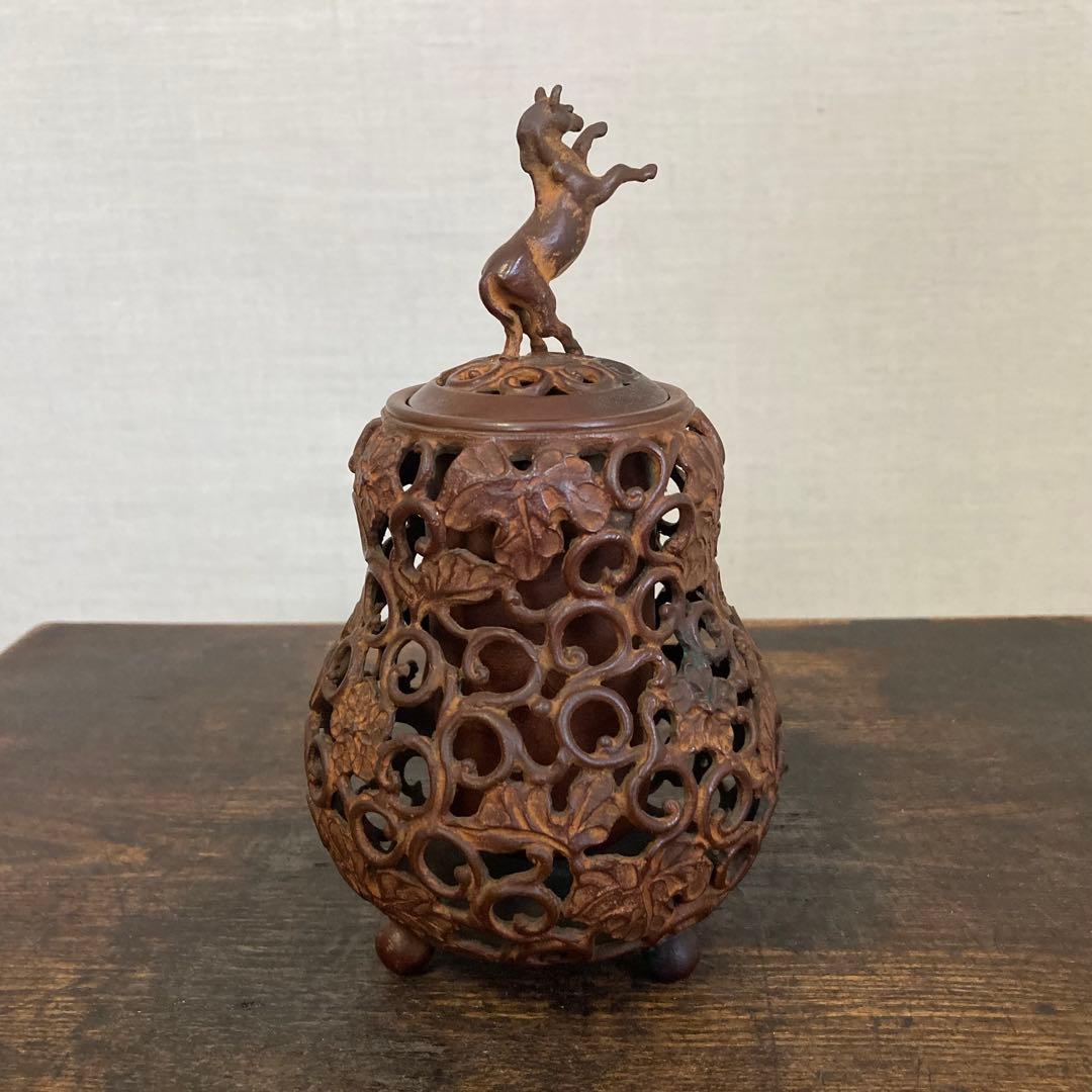 名取川雅司 高岡銅器 香炉 瓢箪 馬 干支 午 透し 置物 美術 工芸品 レトロ