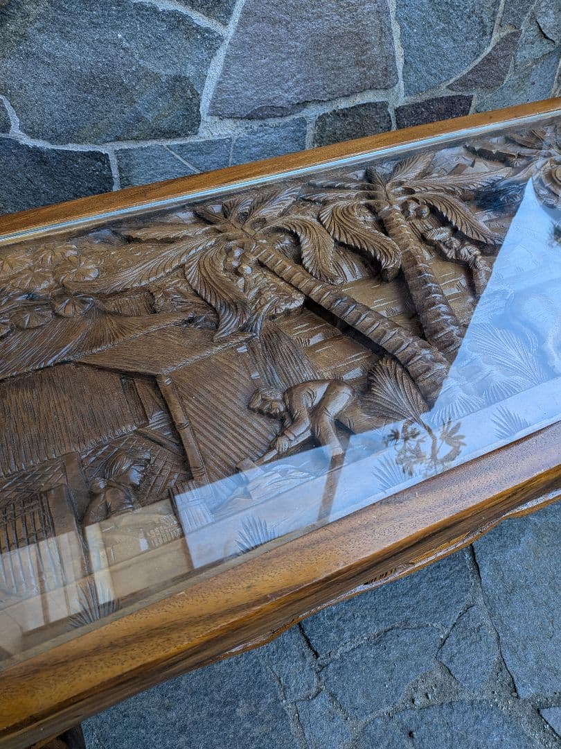 アジアンスタイル 木製彫刻テーブル ガラス天板付き