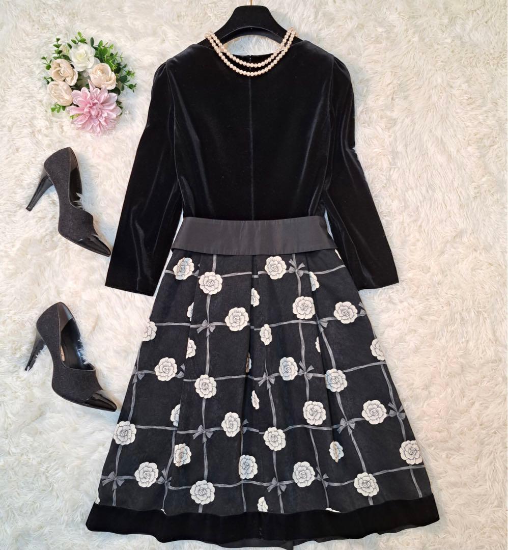 高級✨エムズグレイシー　スカート　花柄　ベロア　38 長袖　黒　リボン　M