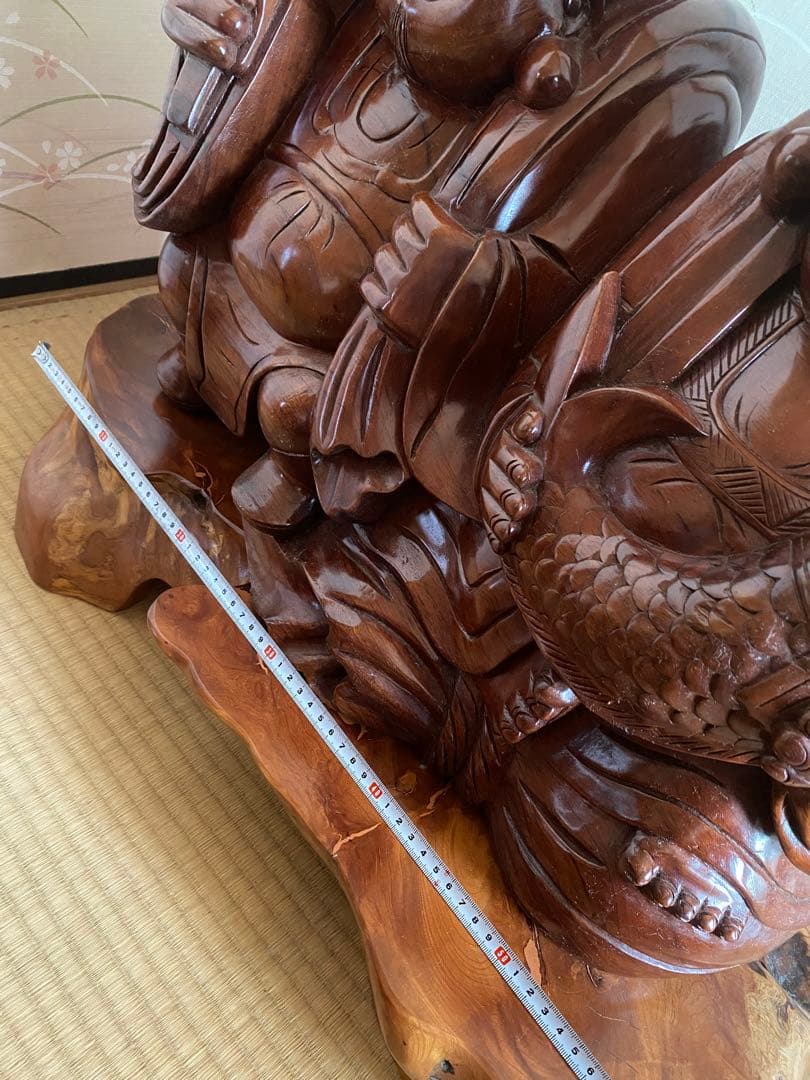 恵比寿と大黒天の木像　七福神　商売繁盛　大漁　財福　骨董　台座付　特大