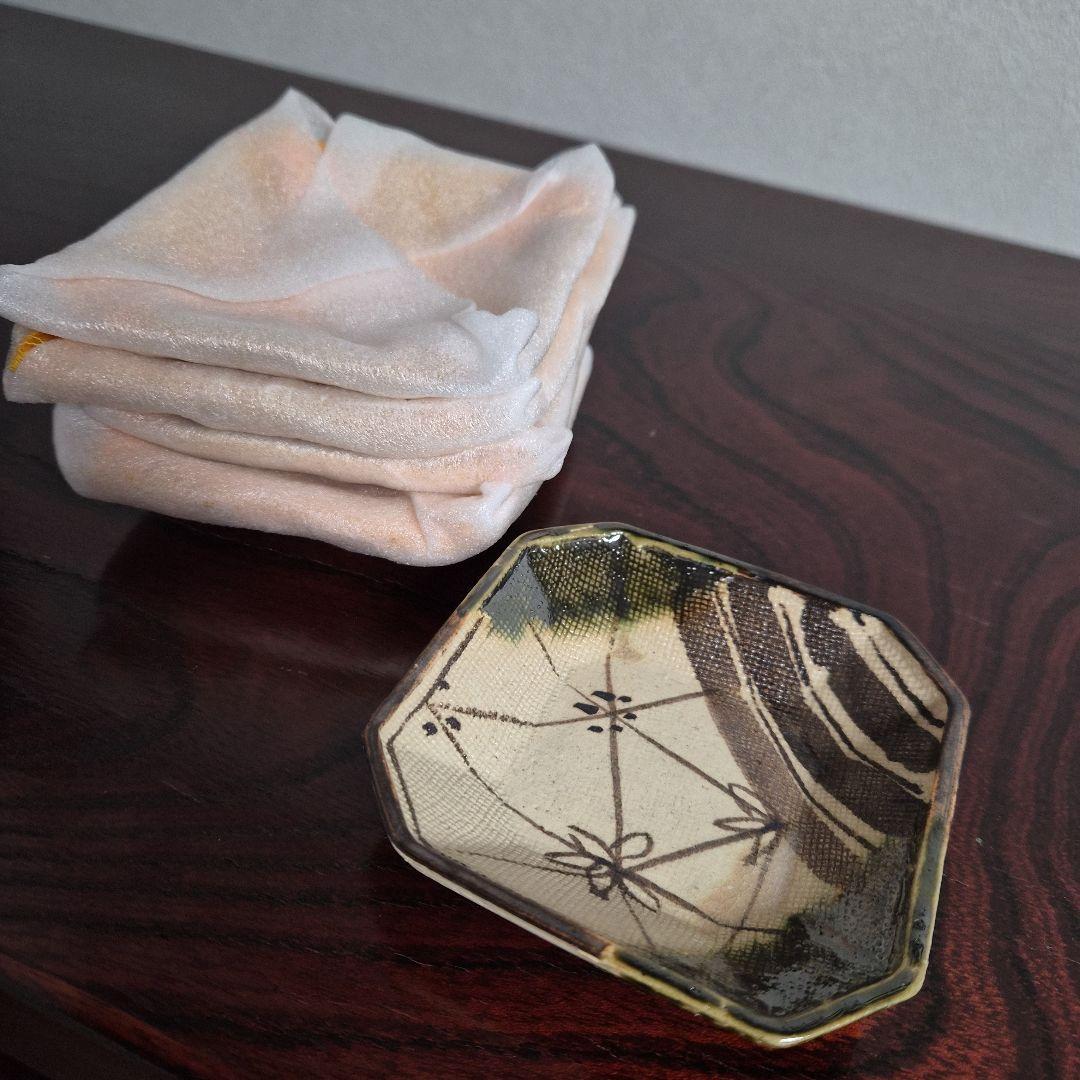 【加藤春二】葵窯『織部』五客小皿 未使用　共箱