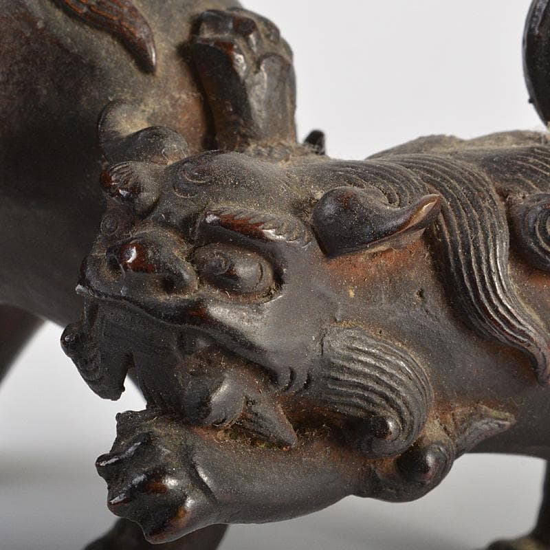 中国　古銅宣徳銅　玉乗り獅子　親子　鈴　置物　M　R7409