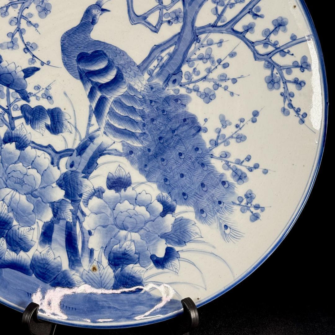 時代物　古伊万里　染付孔雀牡丹文大皿　直径46㎝