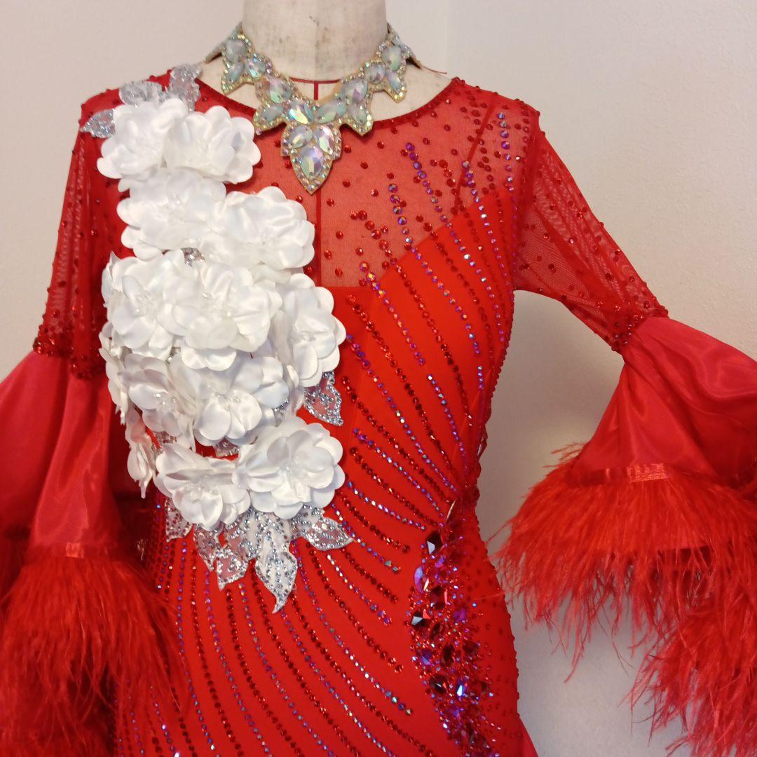 専用✨️豪華オーダー✨️社交ダンススタンダードドレス（Ｌサイズ）赤&白グラデー