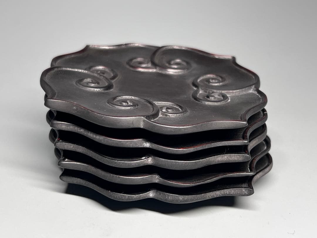 中国古美術　時代物　唐木　五客　茶托　茶道具　木製　巻草紋　浮彫　極細工