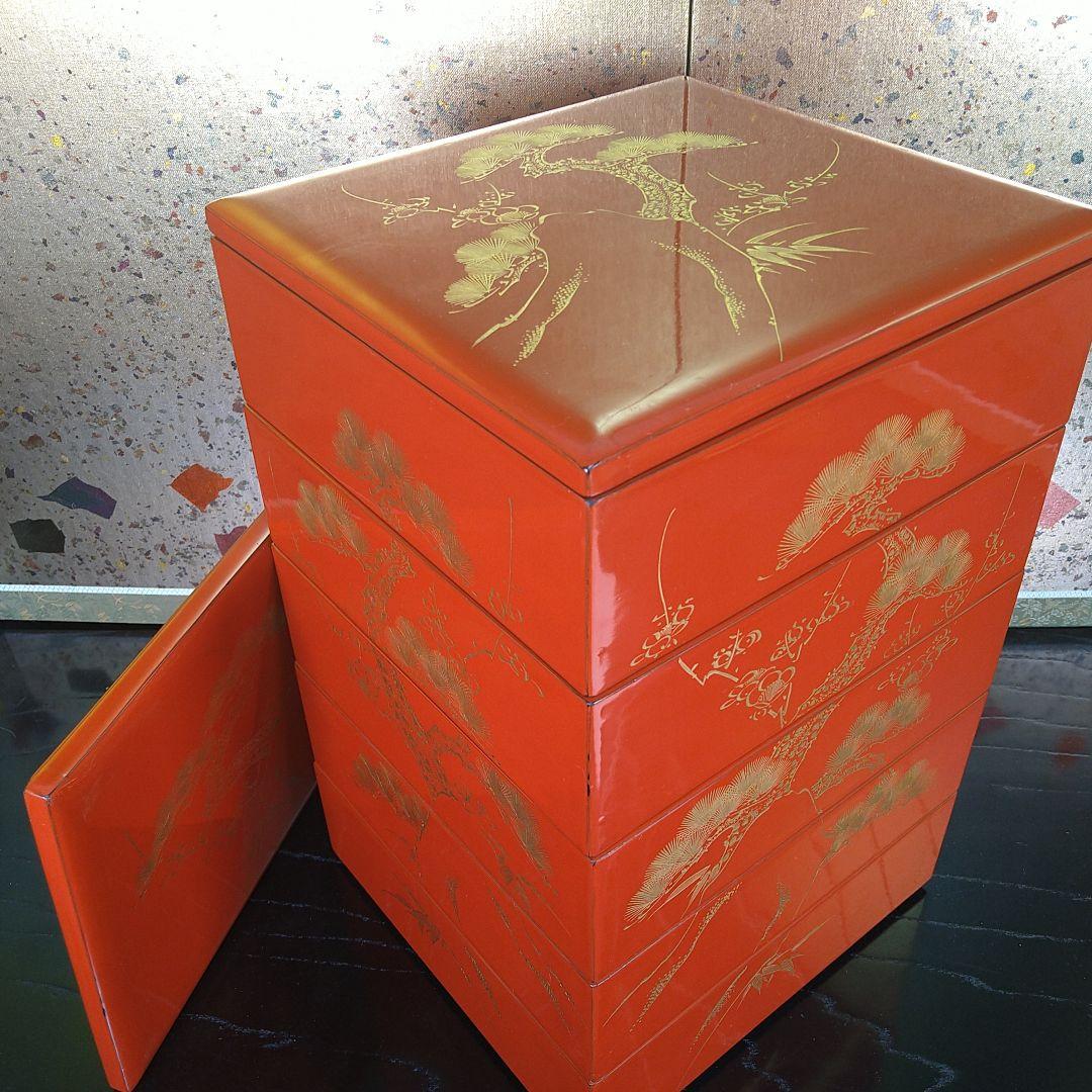 AA236 輪島塗 沈金 蒔絵 五段重ニ枚蓋朱塗り松竹梅木箱入