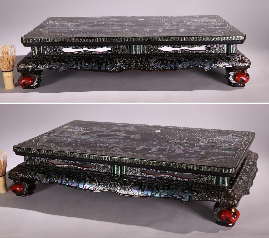 時代唐物 青貝螺鈿細工 楼閣人物 平卓 花台 香炉台 58cm 木製【MA624