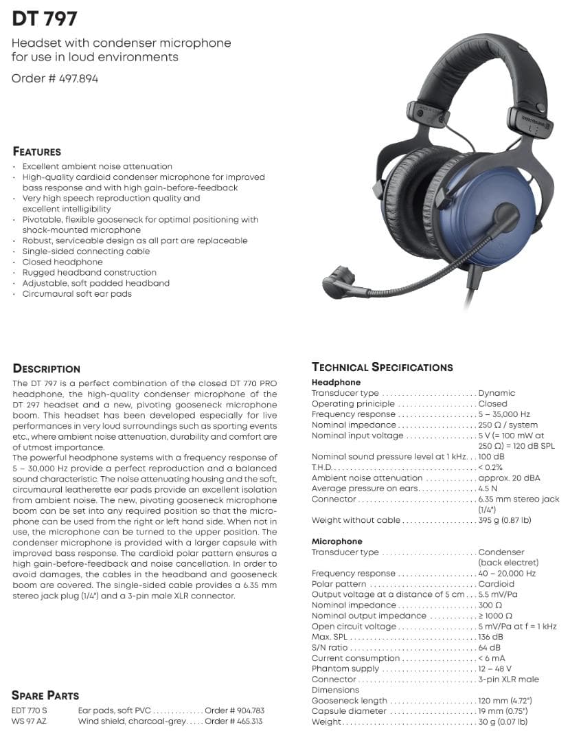 ◆beyerdynamic◆DT 797 PV 250Ω◆業務用◆ヘッドセット◆