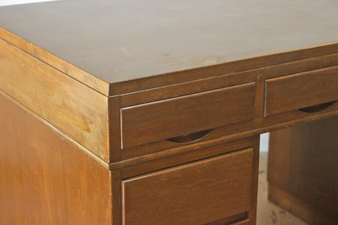 レトロ 両袖デスク 机 書斎 作業台 引き出し 抽斗 9杯 分割可能 木製