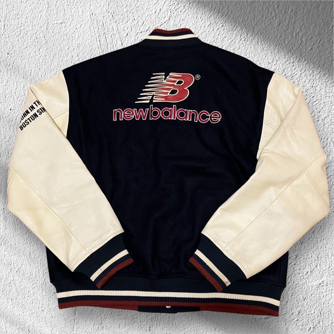 希少 ニューバランス 袖レザー スタジャン L ウール 豚革 刺繍ロゴ ネイビー