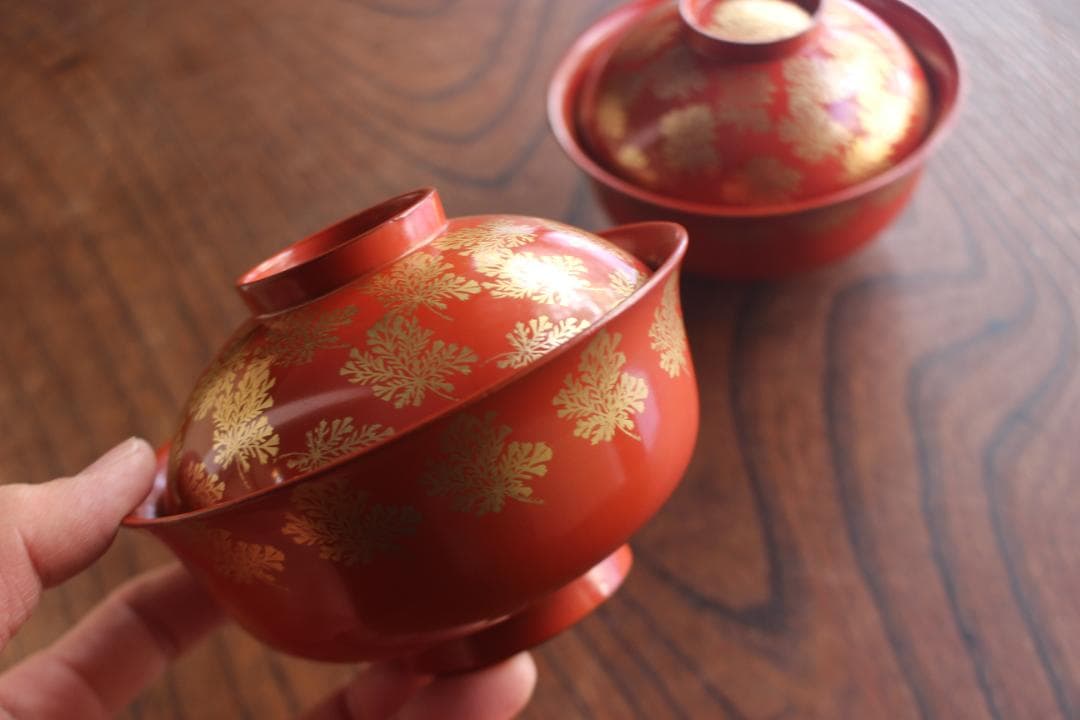 時代逸品！上質朱漆に極上信夫蒔絵の映えるお椀2点（検輪島塗懐石椀蒔絵椀