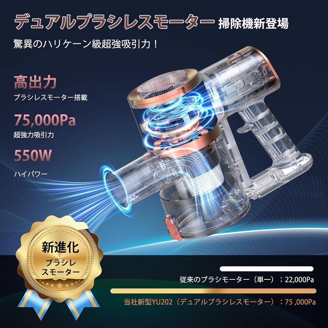 掃除機 コードレス　75 Kpa 真の超強力吸引　置くだけ充電スタンド