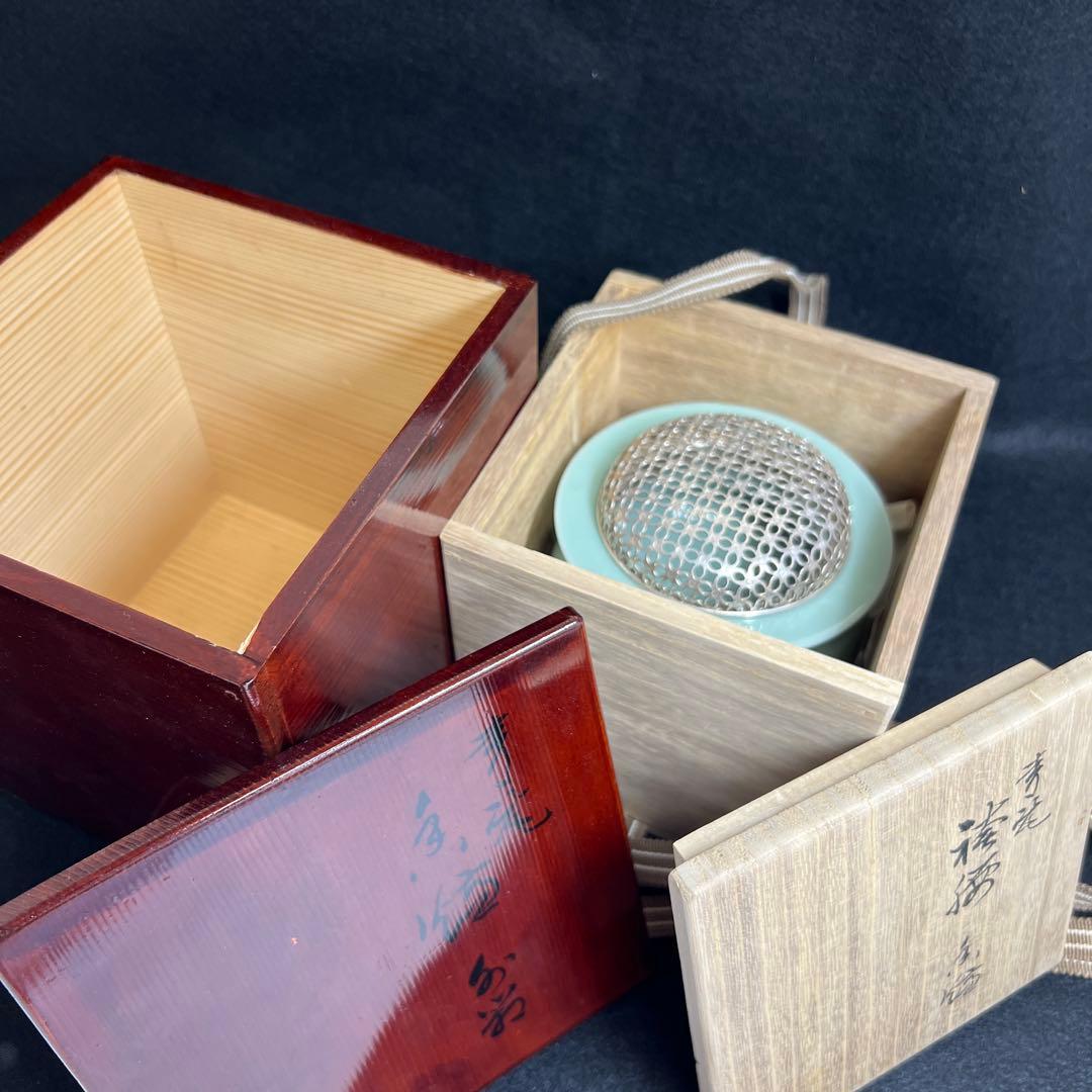 諏訪蘇山　銀火屋40g 青磁香炉　二重箱共箱　東Y8-0210☆2Fトニヒ