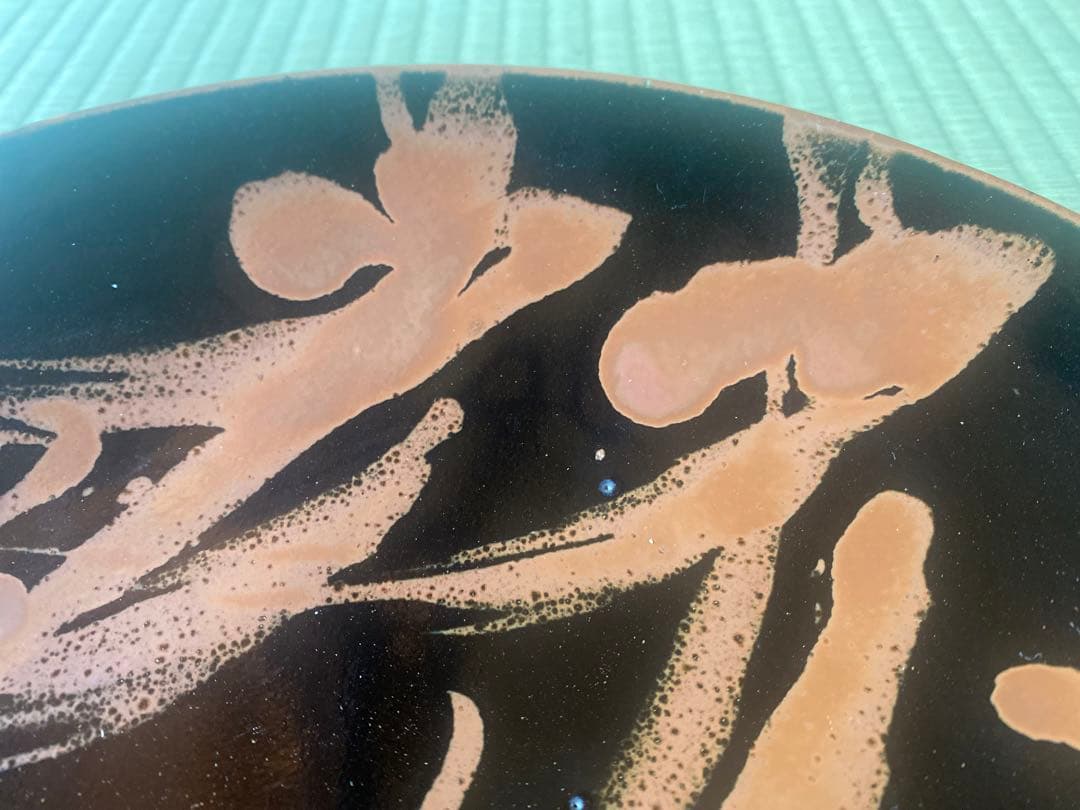 極上大皿！人間国宝濱田庄司作モダンな《黒釉錆流描大皿 》（検民芸スリップウェア