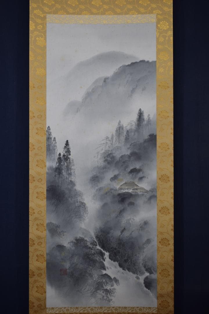 【真作】白石勝敏/山村之図/山水図/掛軸☆宝船☆Y-595　JM
