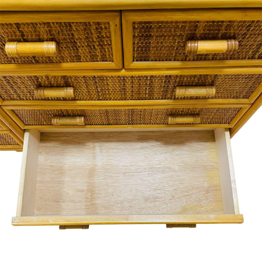 【大人気】ラタン 籐 ワイド ローチェスト 棚 10杯 昭和レトロ ヴィンテージ