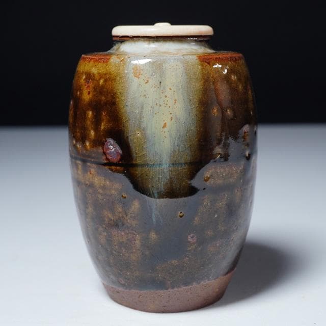 市野信水　丹波肩衝茶入　仕服：笹蔓緞子　共箱　茶道具　濃茶