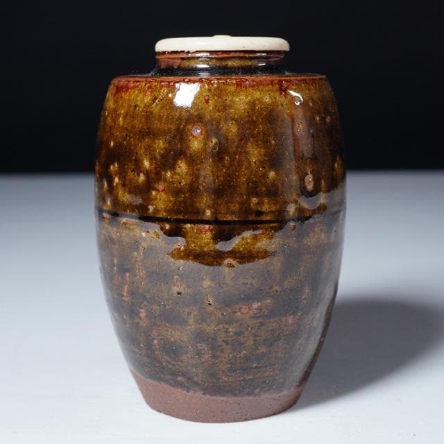 市野信水　丹波肩衝茶入　仕服：笹蔓緞子　共箱　茶道具　濃茶