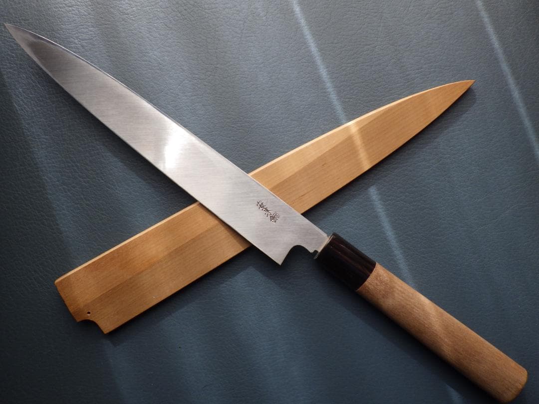 堺打刃物/柳刃刺身包丁7寸/本水牛安来鋼・鞘付属★昭和レトロ★未使用188