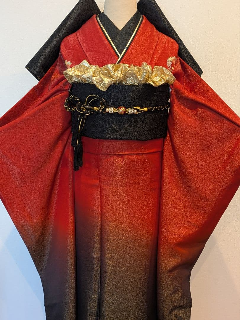 振袖フルセット 身丈165裄68.5 豪華振袖 金通し 赤 黒 逸品 成人式