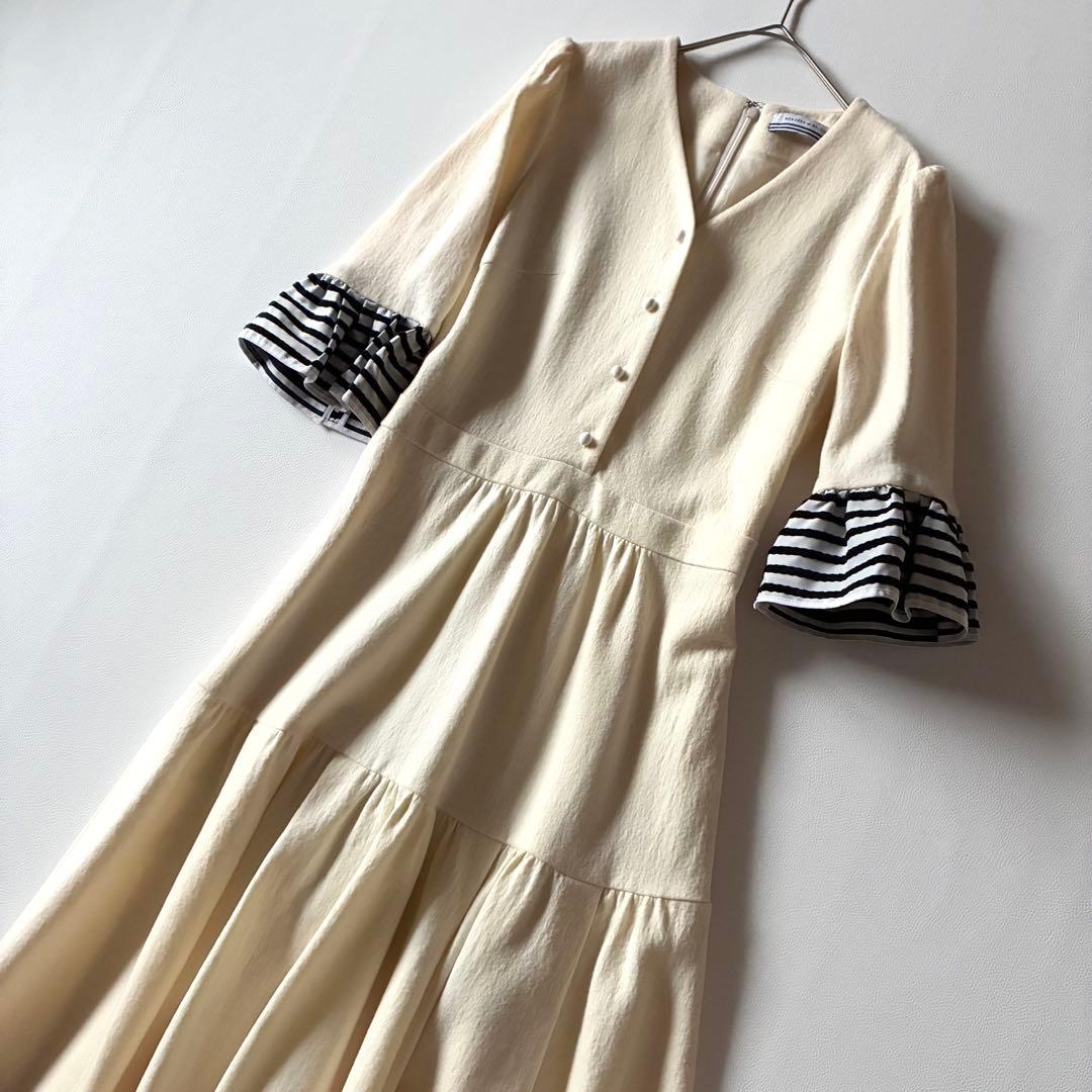 ボーダーズアットバルコニー　ティアードドレス　ワンピース　ウール　フリル袖　36