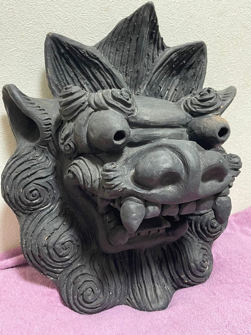名工　島常賀　面シーサー　燻　壺屋焼