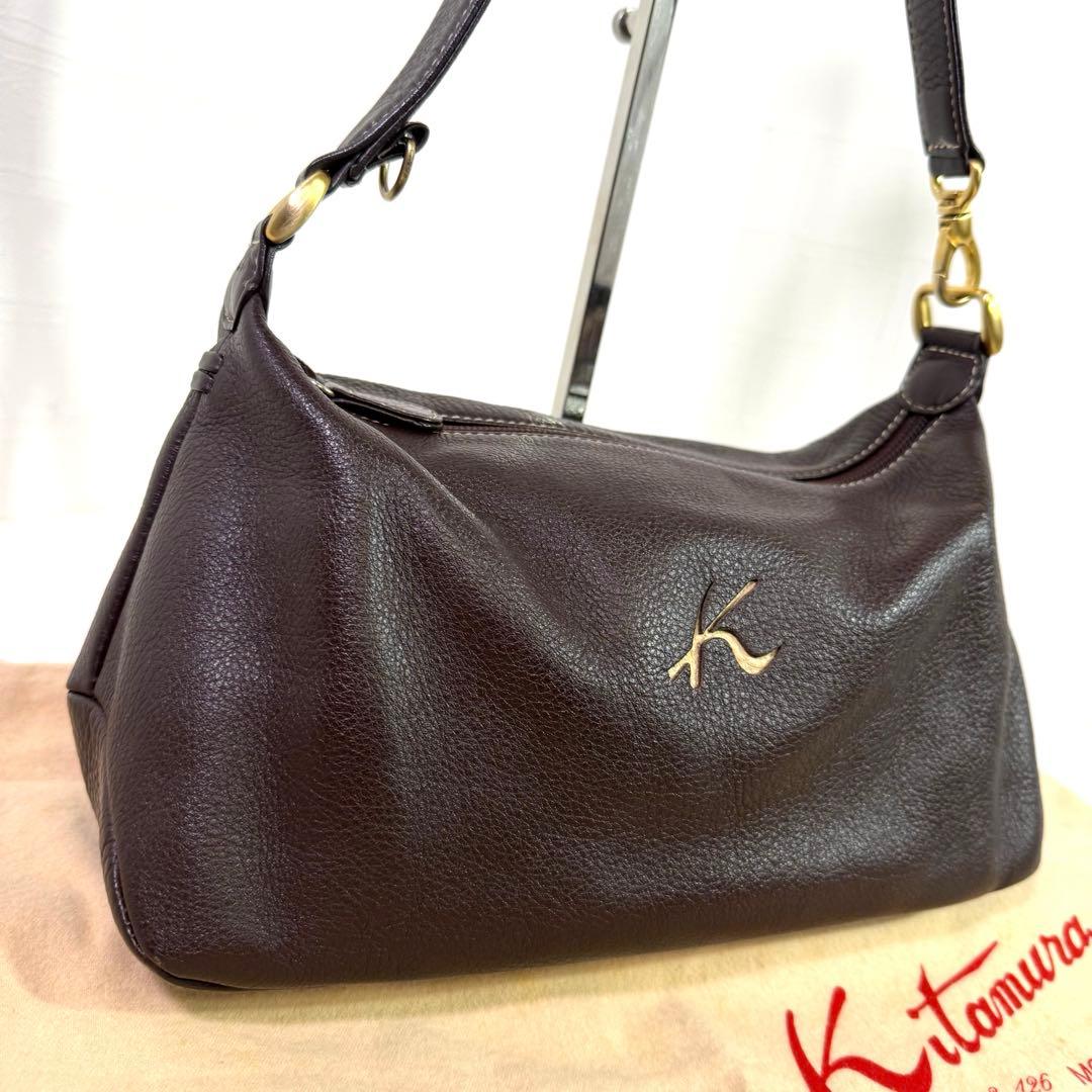 美品　キタムラ　 ショルダーバッグ　ダークブラウン レザー　保存袋　ポーチ