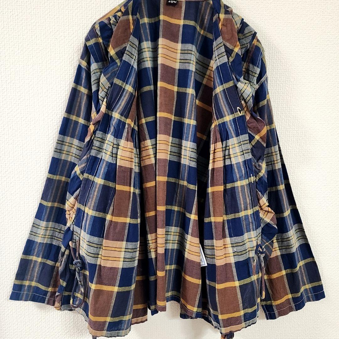 美品✨　45R インド麦平のマドラスフリルカシュクールブラウス　マドラスチェック