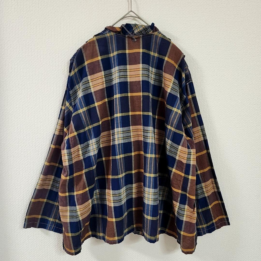 美品✨　45R インド麦平のマドラスフリルカシュクールブラウス　マドラスチェック