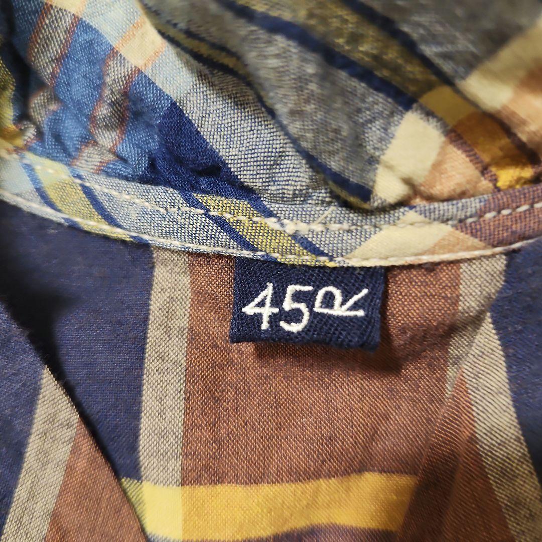 美品✨　45R インド麦平のマドラスフリルカシュクールブラウス　マドラスチェック