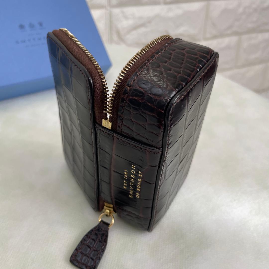 SMYTHSON/スマイソン、小物入れ、ジュエリーケース、型押し、ダークブラウン