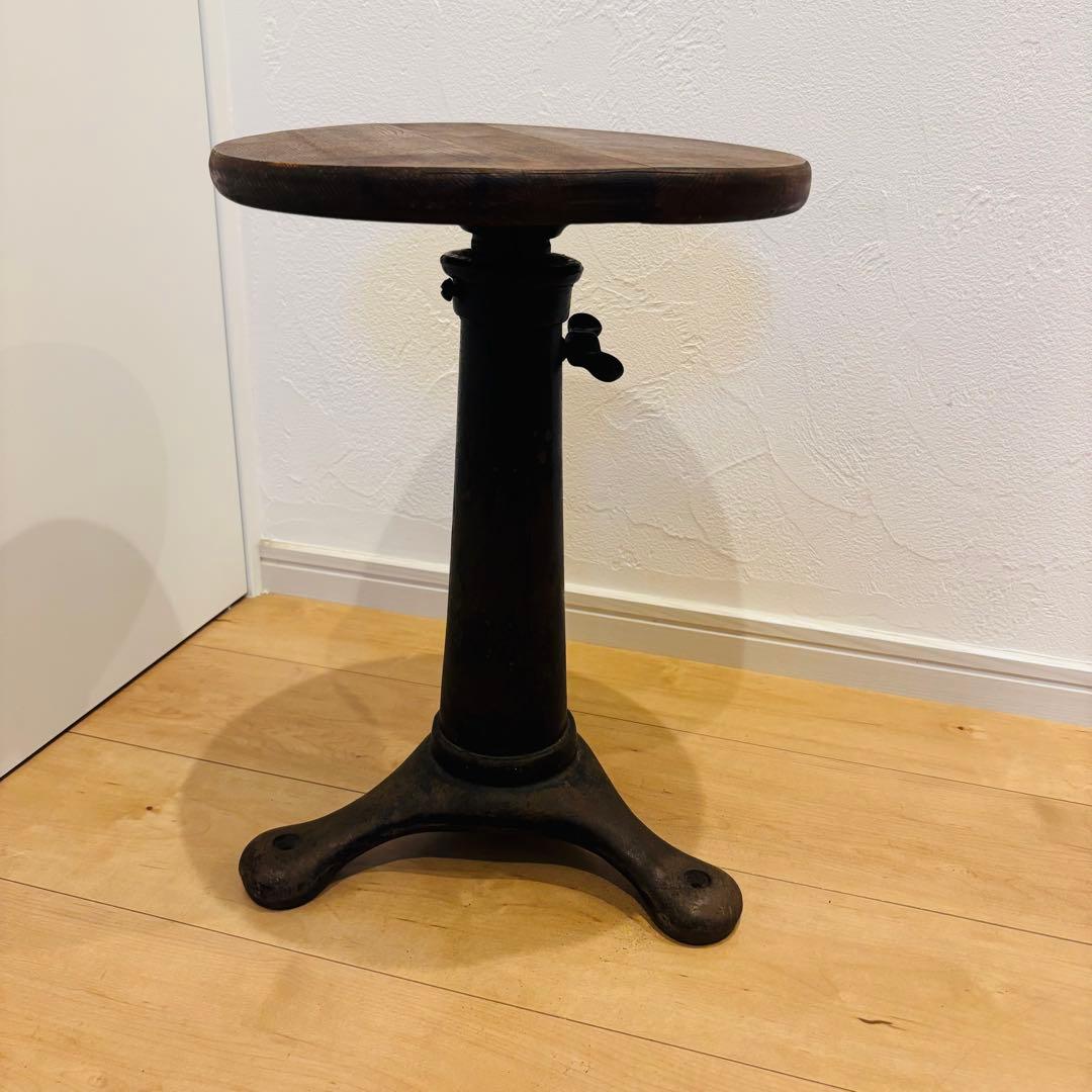 No.7】LON風 昇降式 アンティークスツール 鋳鉄脚 無垢天板 極美品